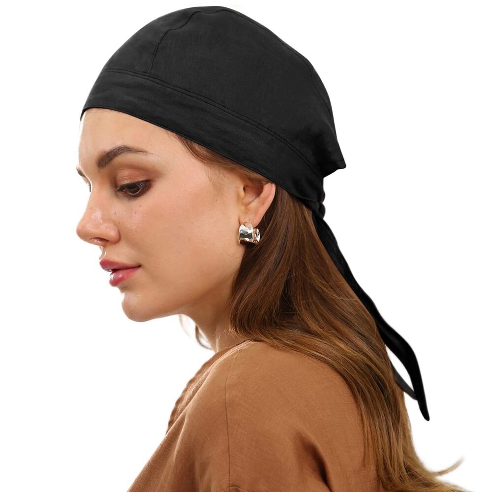 9668 Pure Linen Bandana Skull Cap Head Wrap Summer Beanie Hats Black